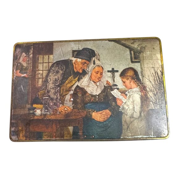 Vintage Belgian Cookie Tin With Lid S.A. Biscuits Delacre NV Metal Box Religious - Picture 2 of 10